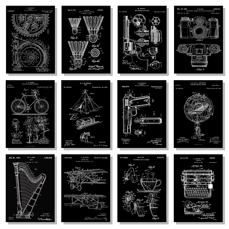 Sports Equipment Drawing - Патентный черно-белый постер, винтажные музыкальные инструменты,